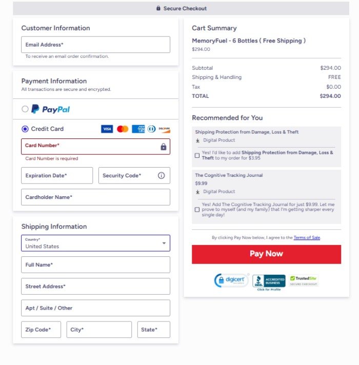 Secure checkout payment page for MemoryFuel order
